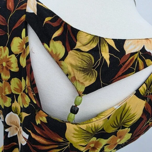 Vtg Scarlett Sleeveless Maxi Dress Womens 14 Black Yellow Hawaiian Floral Y2K - Picture 7 of 13